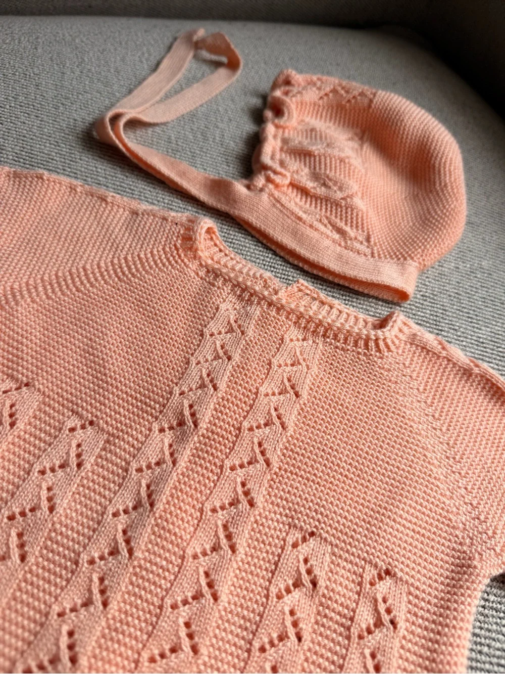 Peach Knit Baby Set - Top, Bonnet, Booties & Bloomers